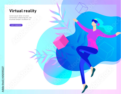 Man and woman wearing virtual reality headset and looking at abstract sphere. Colorful vr world. Virtual augmented reality glasses concept with people learning and entertaining. Landing page template