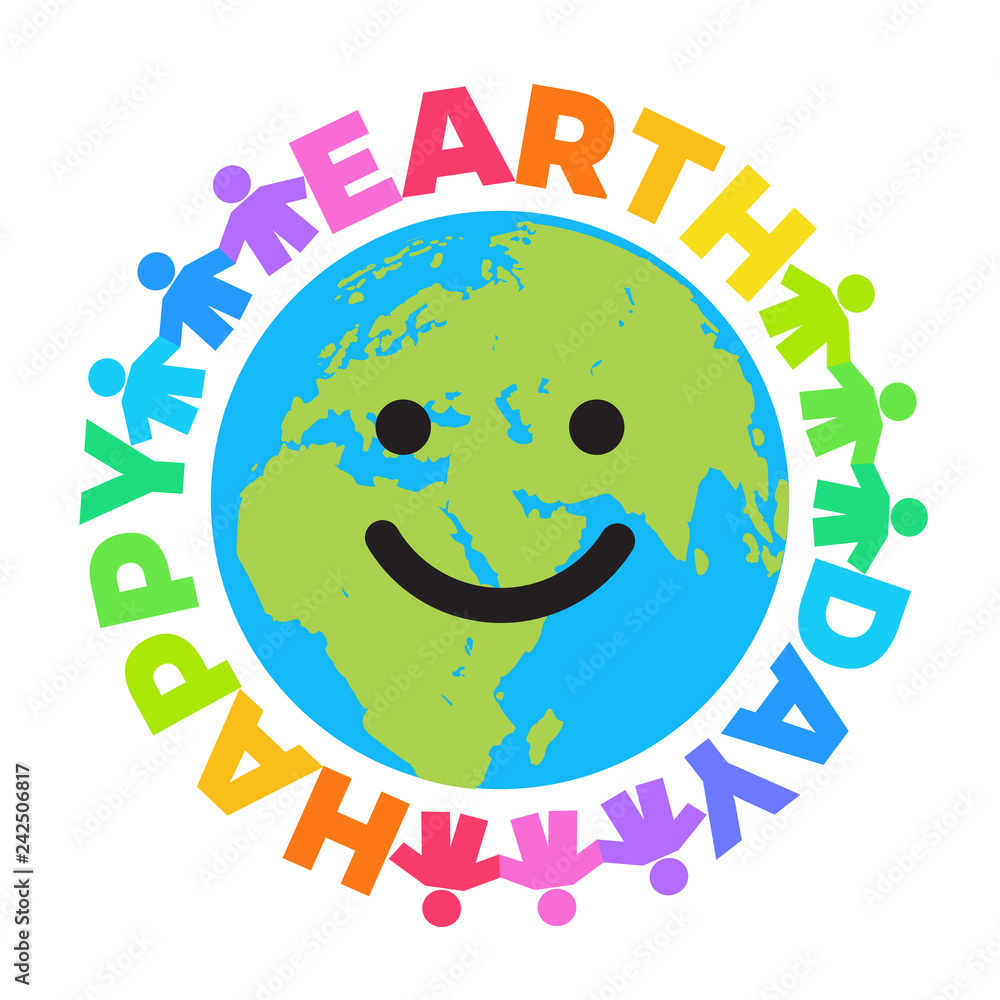 Happy Earth Day poster. Bright greeting text written around smiling cartoon globe. Happy cute funny Earth emoji. Vector illustration. Stock Vector | Adobe Stock Happy Earth Day poster. Bright greeting text written around smiling cartoon globe. Happy cute funny Earth emoji. Vector illustration. Stock Vector | Adobe Stock