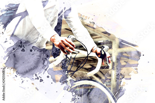 Close up business man ride bicycle in the city on watercolor illustration painting background. photo