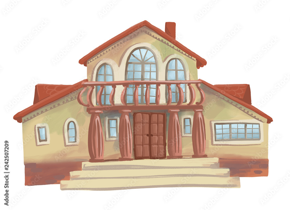 Illustartion of  old two-story villa with balcony isolated on white background.