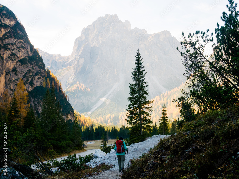 Hiking in Dolomites mountains South Tyrol, sunrise autumn