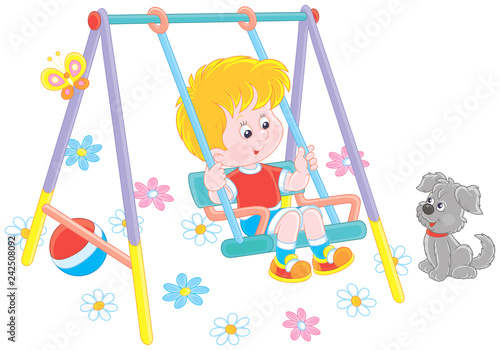 Smiling boy on a toy swing on a playground in a park, vector illustration in a cartoon style
