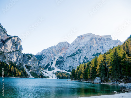 Braies Lake (Lago di Braies, Pragser Wildsee) in Dolomites mountains, Sudtirol, Italy. 