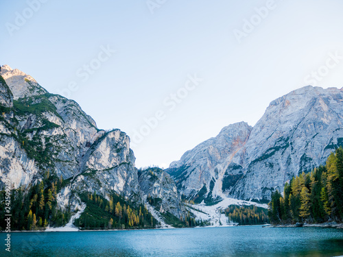 Braies Lake (Lago di Braies, Pragser Wildsee) in Dolomites mountains, Sudtirol, Italy. 