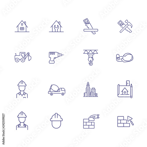 Building works line icon set. Engineer, excavator, drill, house. Construction concept. Can be used for topics like site, architecture, home repair