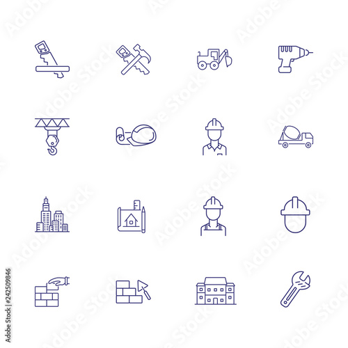 Construction site line icon set. Architect, blueprint, concrete mixer, brickwork. Construction concept. Can be used for topics like real estate, engineering, architecture, building works