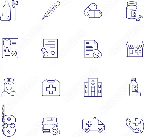 Healthcare line icon set. Thermometer, pharmacy, pills. Medicine concept. Can be used for topics like medication, self care, treatment