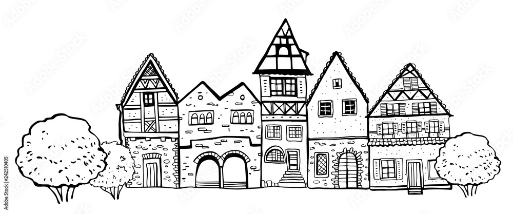 Vintage stone Europe houses. Five old style building facades with plants. Hand drawn outline vector sketch illustration