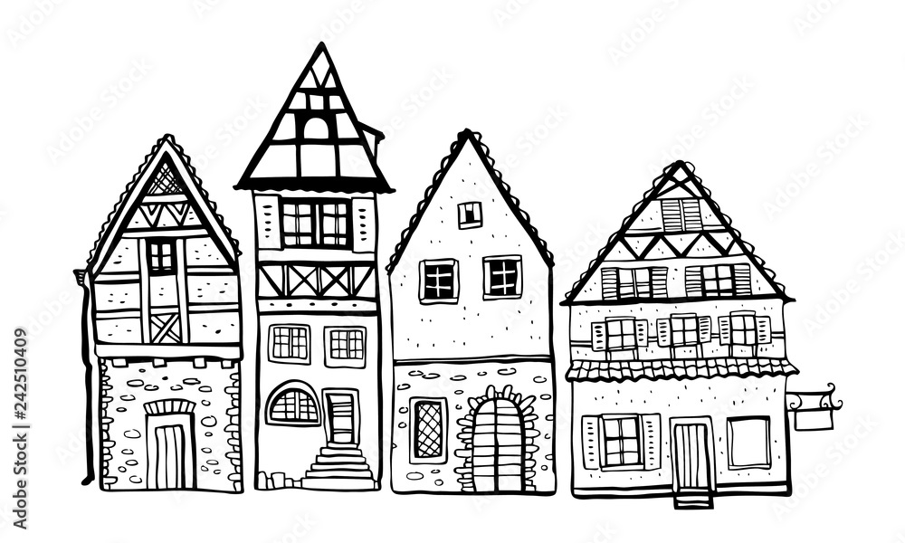 Vintage stone Europe houses. Four old style building facades. Hand drawn outline vector sketch illustration