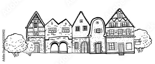Vintage stone Europe houses. Hand drawn outline vector sketch illustration
