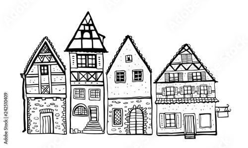 Vintage stone Europe houses. Four old style building facades. Hand drawn outline vector sketch illustration