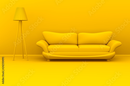 Yellow monochromatic 3d illustration of a lamp and a sofa in a room.