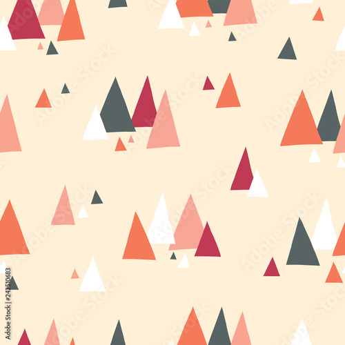 Free Download Triangle mountains seamless vector pattern in scandinavian style. Decorative background with landscape elements. Abstract texture gray, coral, red, beige, white. Use for fabric, digital paper, decor. - GFXLoad
