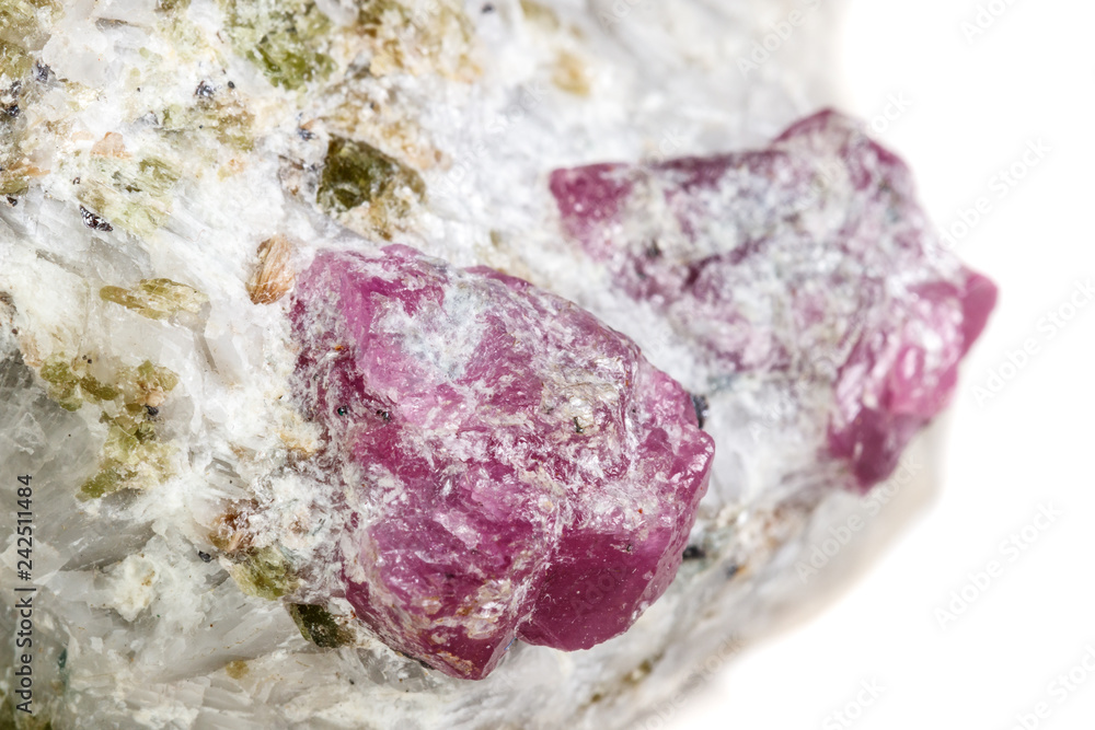 Obraz premium Macro mineral stone Ruby in rock on white background