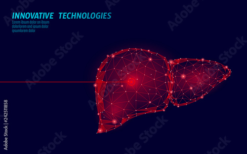 Human liver laser surgery operation low poly. Medicine disease drug treatment painful area. Red triangles polygonal 3D render shape. Pharmacy hepatitis cancer template vector illustration
