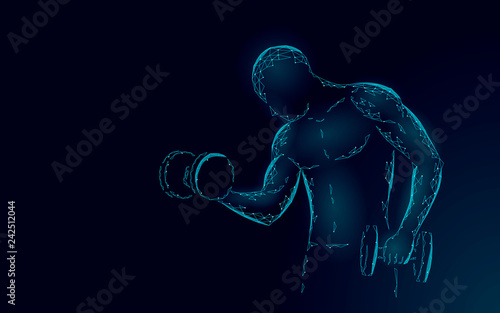 Strong sportsman with weight 3D polygonal abstract concept. Low poly fitness sport powerlifting body shape. Male dumbbell training strength athletic arm. Bodybuilding workout vector illustration