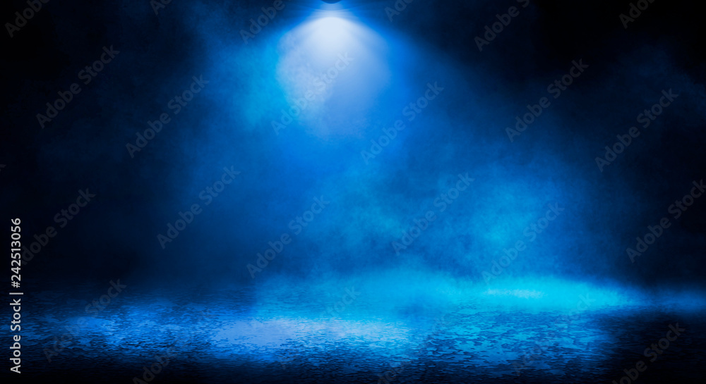 Blue misty dark background. Dark street with smoke, fog, blue spotlights, neon. Dark abstract empty background.