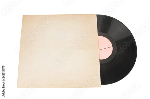 Vinyl record in old paper case on white background