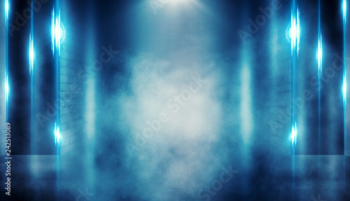 Background of empty dark room with brick walls  illuminated by neon lights with laser beams  smoke