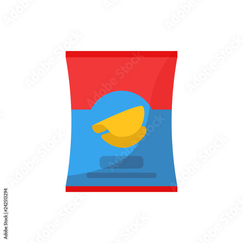 Red and blue chips pack illustration. Crunchy, package, packet. Food concept. Vector illustration can be used for topics like snack, super market
