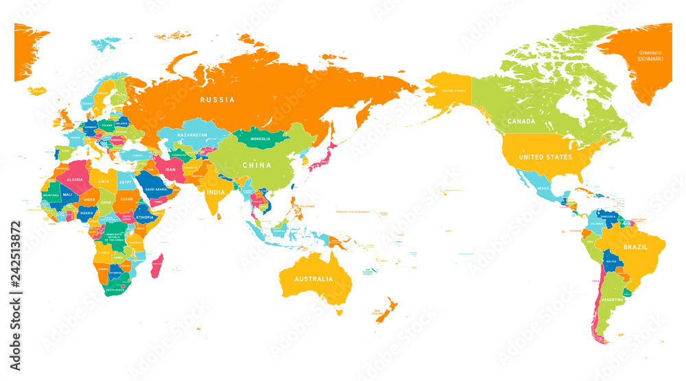 Naklejka premium Szczegółowy kolor mapy świata - Azja w środku