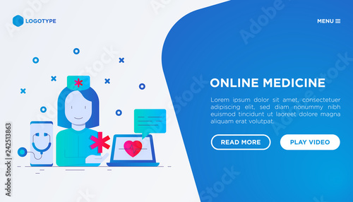Online medicine web page template: doctor consulting by video call on laptop or smartphone. Telemedicine concept. Gradient flat icons. Modern vector illustration.