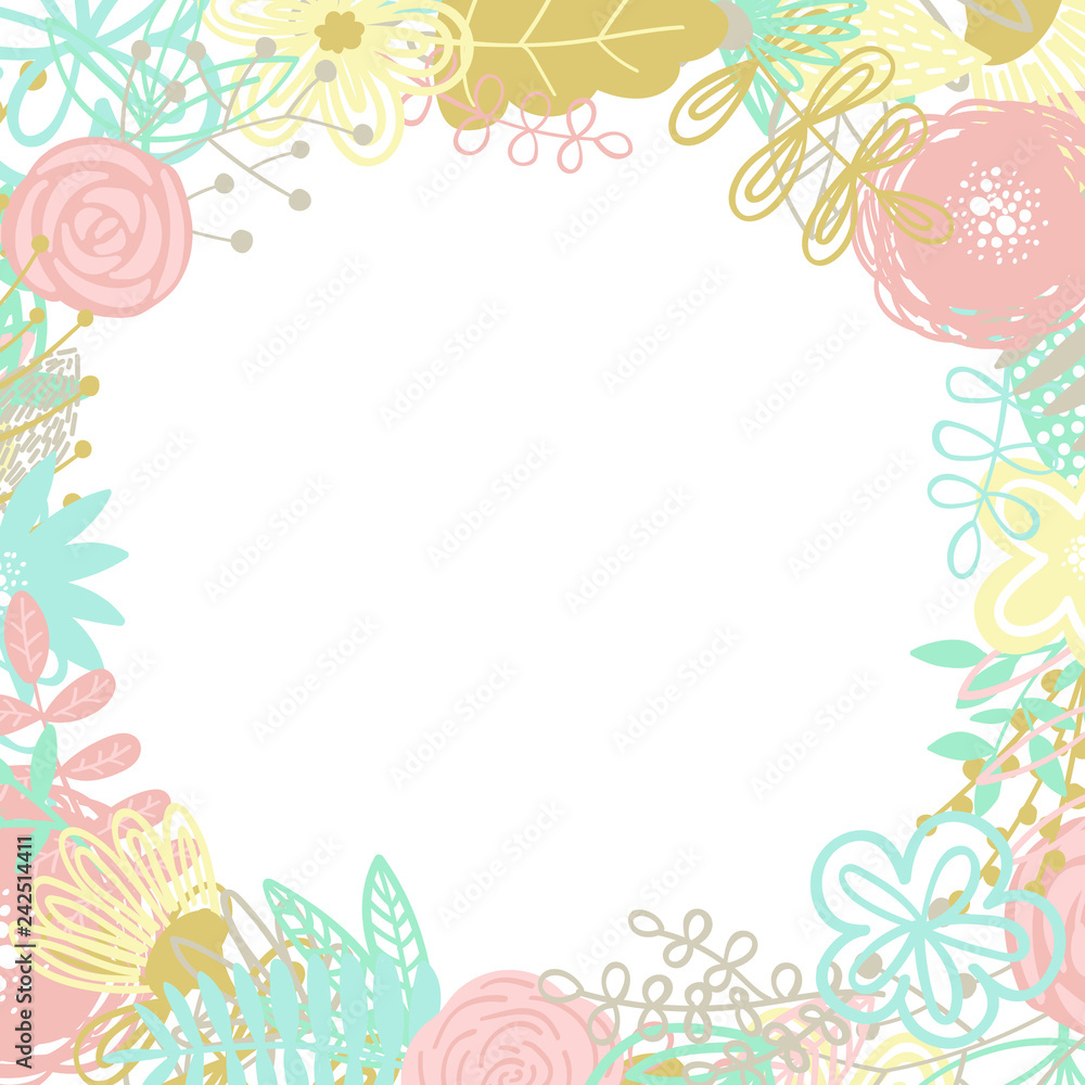 Vector illustration of a circle frame made of hand-drawn floral elements. An image for decoration of cards, invitations and interiors, baby shower, prints, textile, children, girl