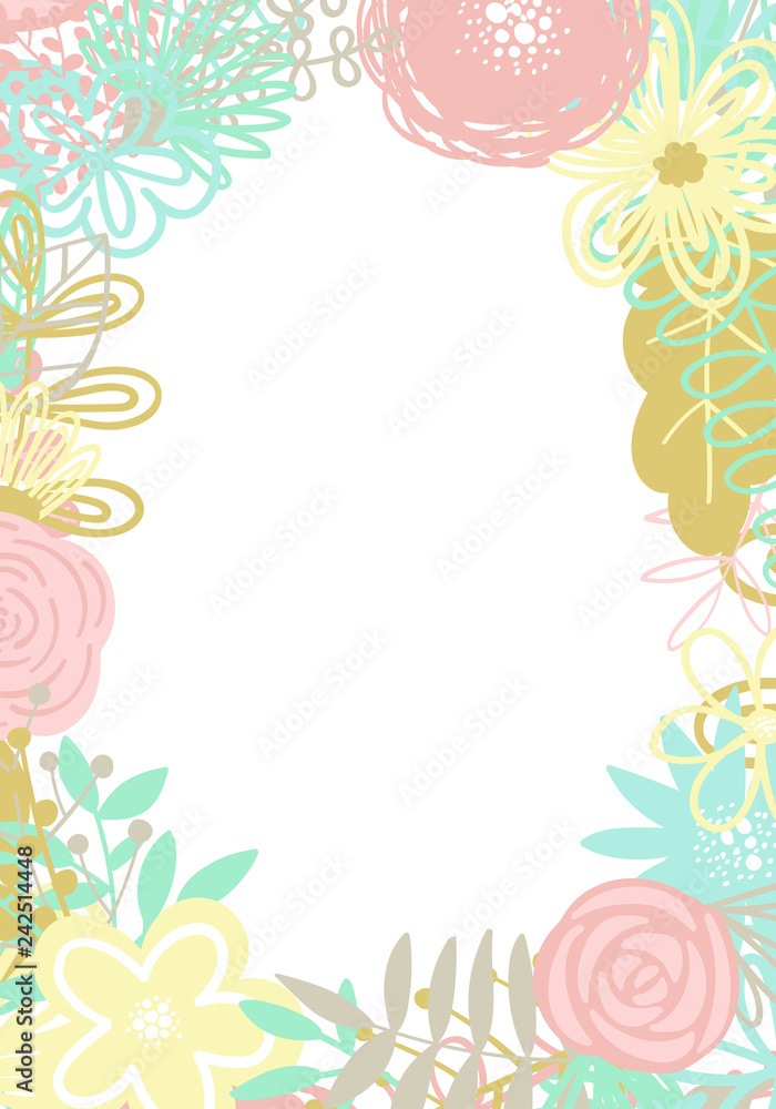 Vector illustration of a oval frame made of hand-drawn floral elements. An image for decoration of cards, invitations and interiors, baby shower, prints, textile, children, girl