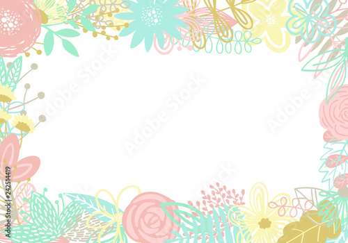 Vector illustration of a rectangle frame made of hand-drawn floral elements. An image for decoration of cards, invitations and interiors, baby shower, prints, textile, children, girl