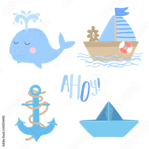 Vector icons of ship, anchor, whale, boat with the inscription Ahoy. Illustration on the sea theme for a boy sailor. Invitation card for a holiday, birthday, Babt Shower, print