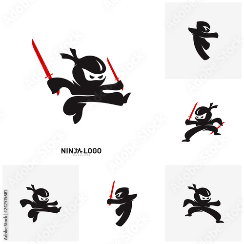 Set of Ninja Warrior logo Design Vector Template. Silhouette of japanese fighter. - Vector