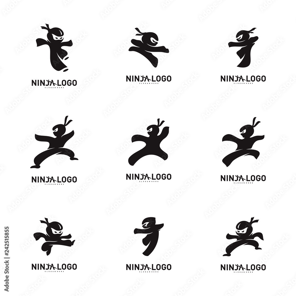 Set of Ninja Warrior logo Design Vector Template. Silhouette of japanese fighter. - Vector Set of Ninja Warrior logo Design Vector Template. Silhouette of japanese fighter. - Vector