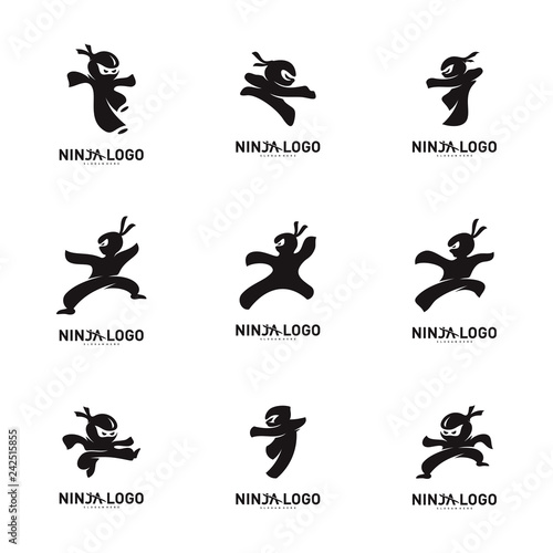 Set of Ninja Warrior logo Design Vector Template. Silhouette of japanese fighter. - Vector