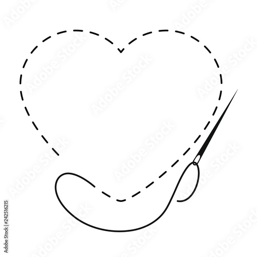 Silhouette of heart with interrupted contour. Vector illustration of handmade work with embroidery thread and needle on white background.