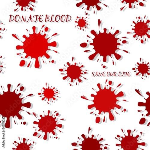 Seamless pattern with red colored ink blots and drop shadow isolated on white