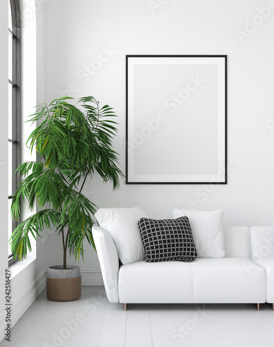 Mock up poster frame in interior background, Scandinavian style, 3D render