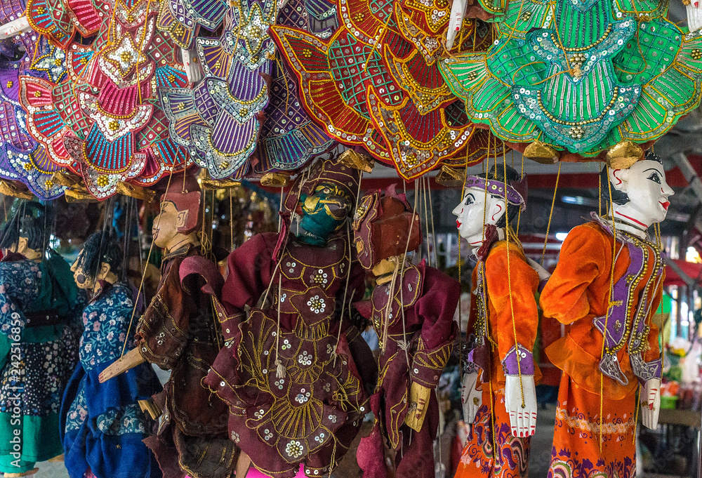 Traditional handicraft puppets sold in market, Myanmar