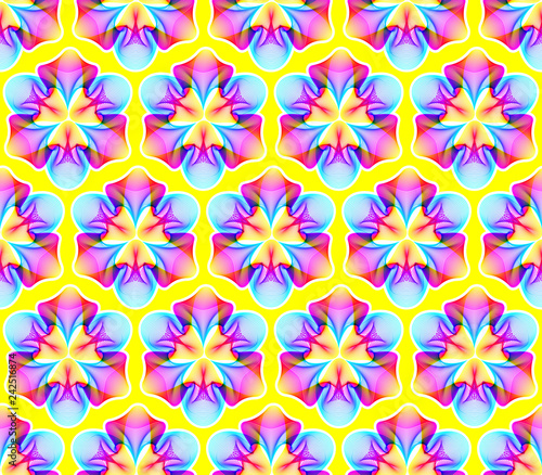 Fantastic neon flower seamless pattern, abstract shape with lots of blending lines and gradient color. Vector illustration. Bright neon 80s colors. Seamless vector pattern. 