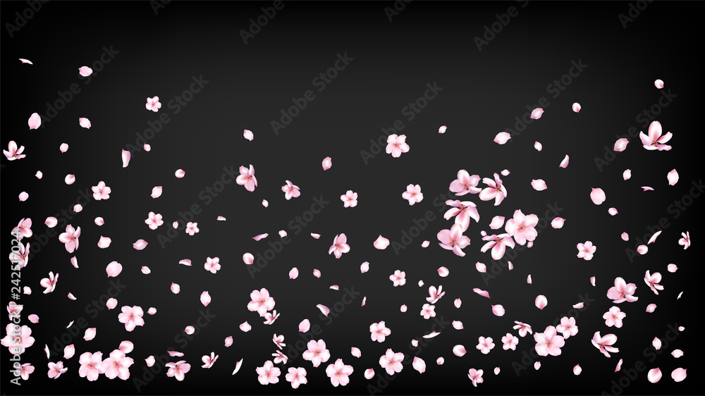 Nice Sakura Blossom Isolated Vector. Summer Blowing 3d Petals Wedding Pattern. Japanese Funky Flowers Illustration. Valentine, Mother's Day Summer Nice Sakura Blossom Isolated on Black Nice Sakura Blossom Isolated Vector. Summer Blowing 3d Petals Wedding Pattern. Japanese Funky Flowers Illustration. Valentine, Mother's Day Summer Nice Sakura Blossom Isolated on Black