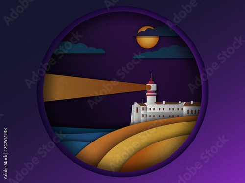Vector illustration of a lighthouse or a beacon signaling into the distance at night paper cut style