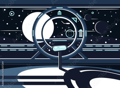 Vector illustration of a spaceship. Space exploration. The control panel of the space station. Future technology. Outer space and many planets and stars