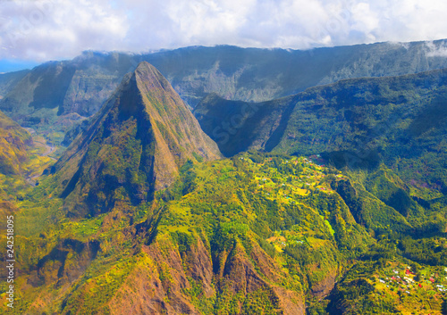 Cirque de Mafate, only accessible on foot or by helicopter. Aerial view to wilderness area in center of Reunion Island. 