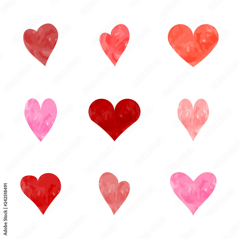 set of nine watercolor hearts