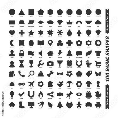 Big vector black basic shapes set. Kids geometric figures school collection. Simple isolated design pictogram. Printable version.