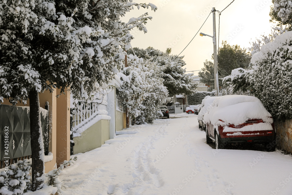 Beautiful winter morning snow covered streets of Athens, Greece, 8th of January 2019. Beautiful winter morning snow covered streets of Athens, Greece, 8th of January 2019.
