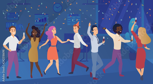 New year corporate party or birthday celebrating in office. Business team happy people celebrate vector illustration.