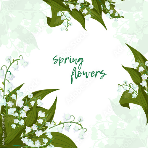 Greeting card.Lilly of the valley - May bells, Convallaria majalis with green leaves on a white background