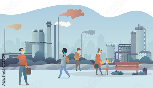 Sad and unhappy people wearing protective face masks and walking near factory pipes city with smoke on background. Industrial smog, fine dust, air pollution and pollutant fog gas vector illustration.