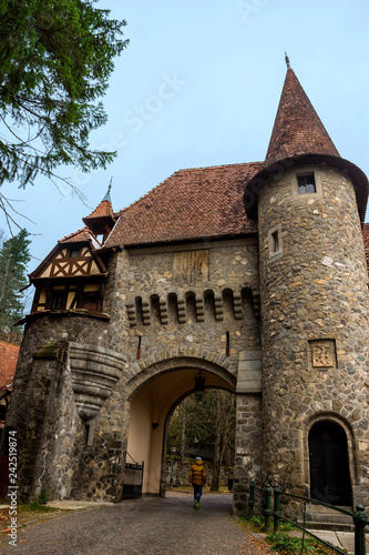 Building architecture in the Peles Castle park, Sinaia, Romania.