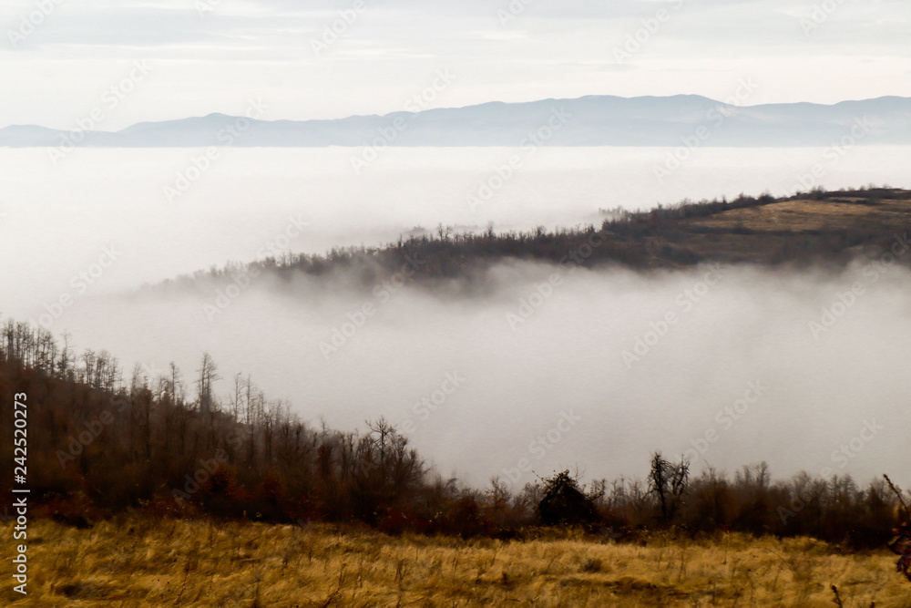Foggy landscape of hills, mountains and forest in place called Tresibaba, near city Knjazevac, Serbia, Landscape winter hill scene with fog